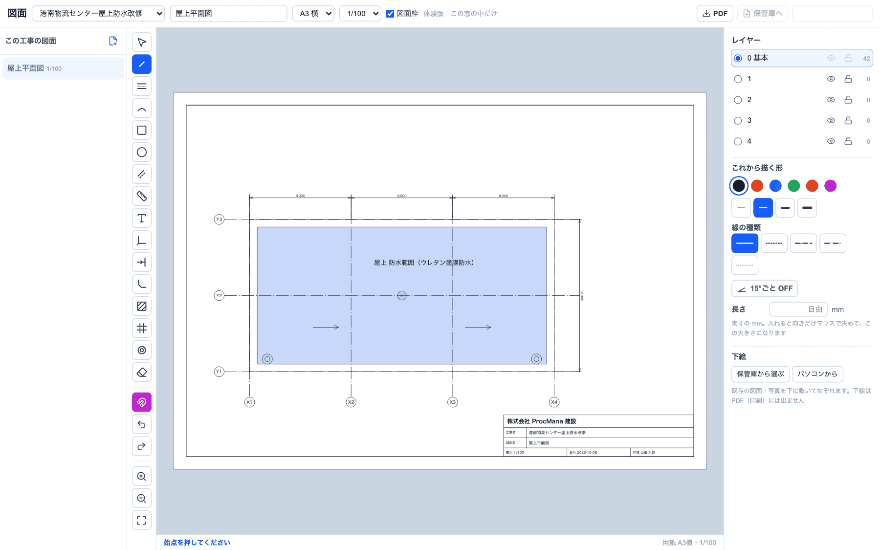 Web CAD(図面)の画面。屋上の外形・通り芯・寸法・ドレン・脱気筒・水勾配を描き、防水範囲を塗っている。右下に会社名・工事名の入った表題欄がある